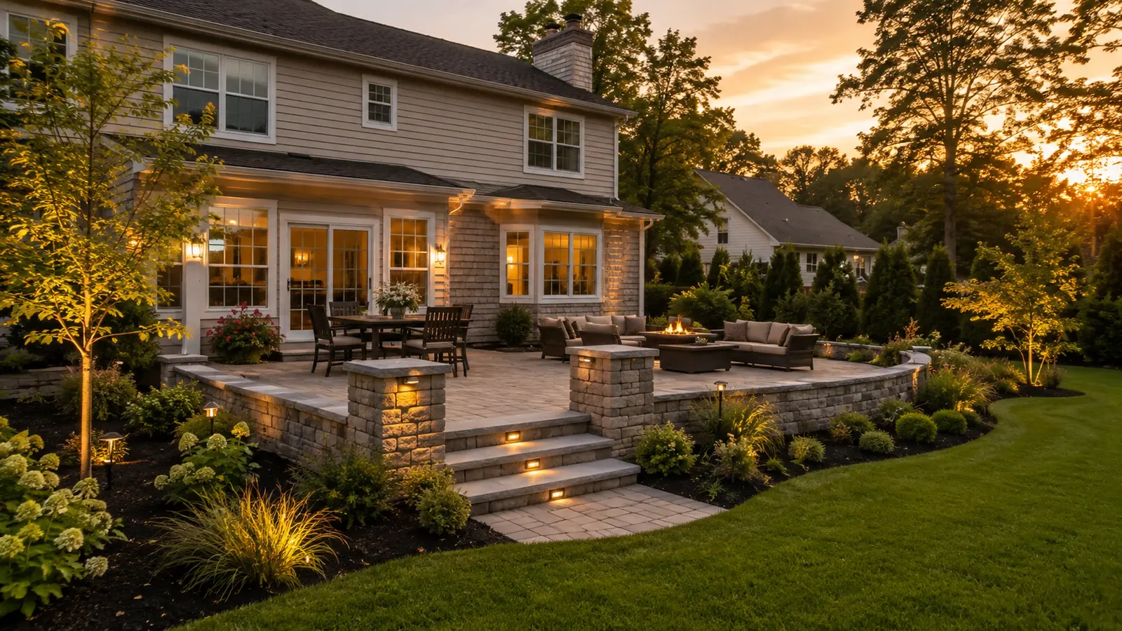 Paver patio with a raised stone wall, steps with lit risers, planted beds, and landscape lighting behind a home at dusk